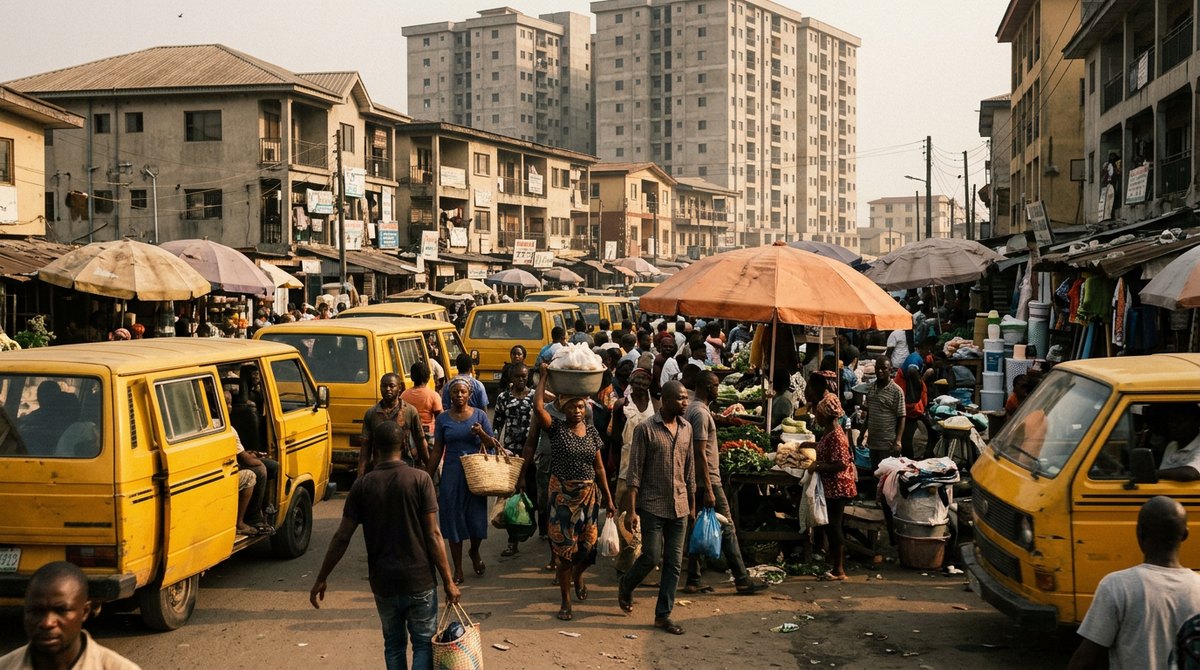 A crowded market street in Lagos, Nigeria, an example of rapid urban growth studied in IGCSE Geography Paper 2