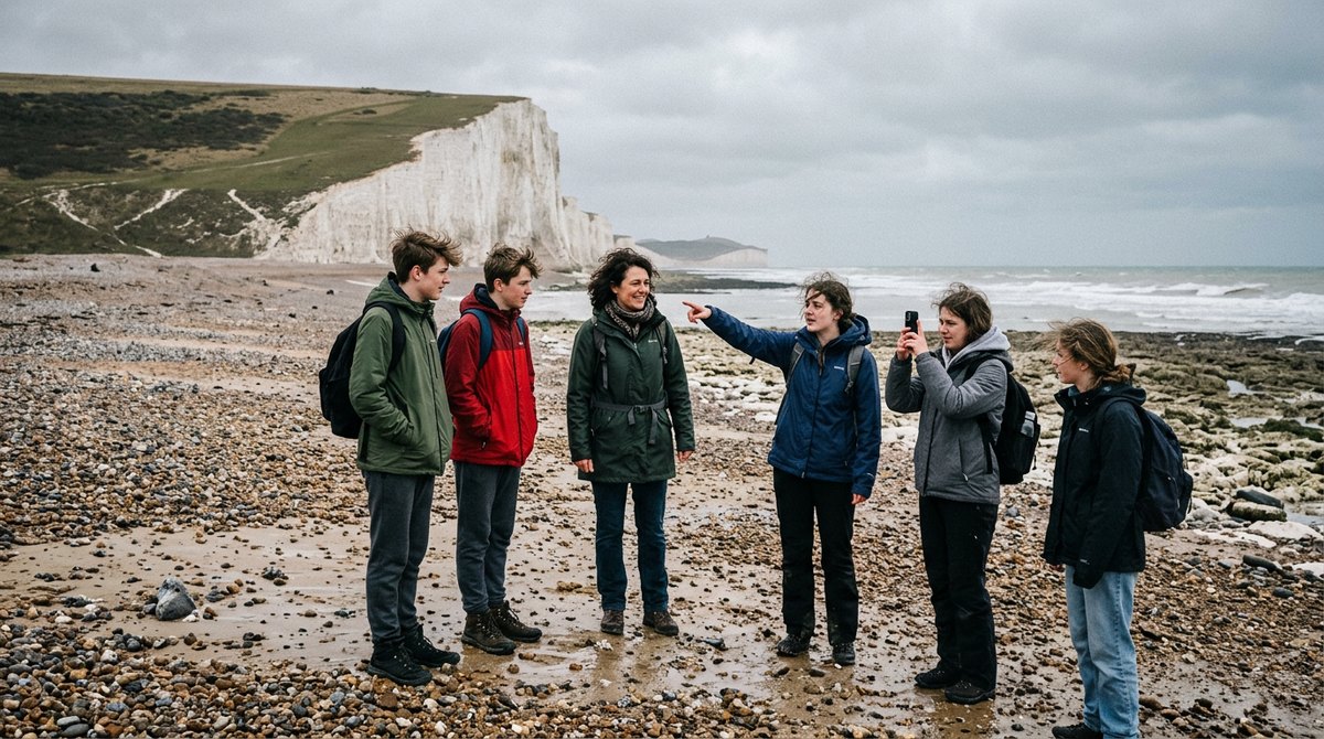 Students on a geography field trip below chalk cliffs, looking at coastal landforms from the Paper 1 physical geography topics
