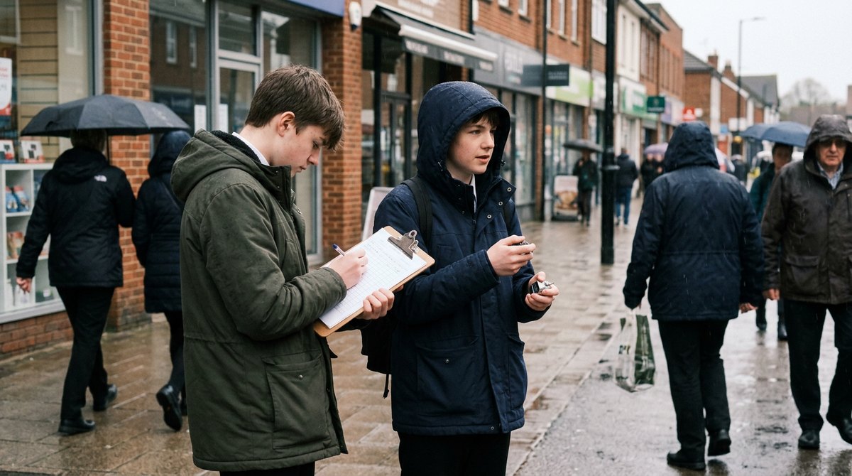 Two students counting pedestrians on a high street for a geography fieldwork survey