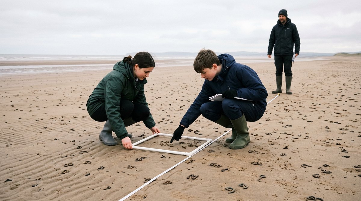 Two students laying a quadrat along a transect on a sandy beach for IGCSE Marine Science fieldwork