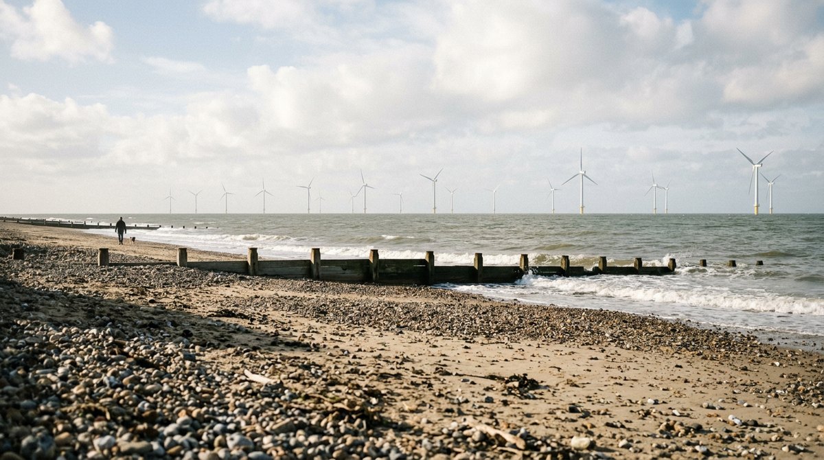 Offshore wind farm seen from a beach on the Norfolk coast, linked to energy from the oceans in the Marine Science syllabus