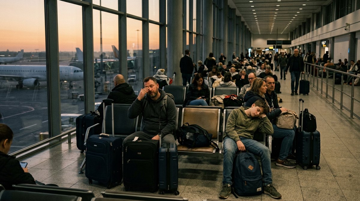 Tired travellers in an airport at dawn, showing jetlag from the IGCSE psychology syllabus