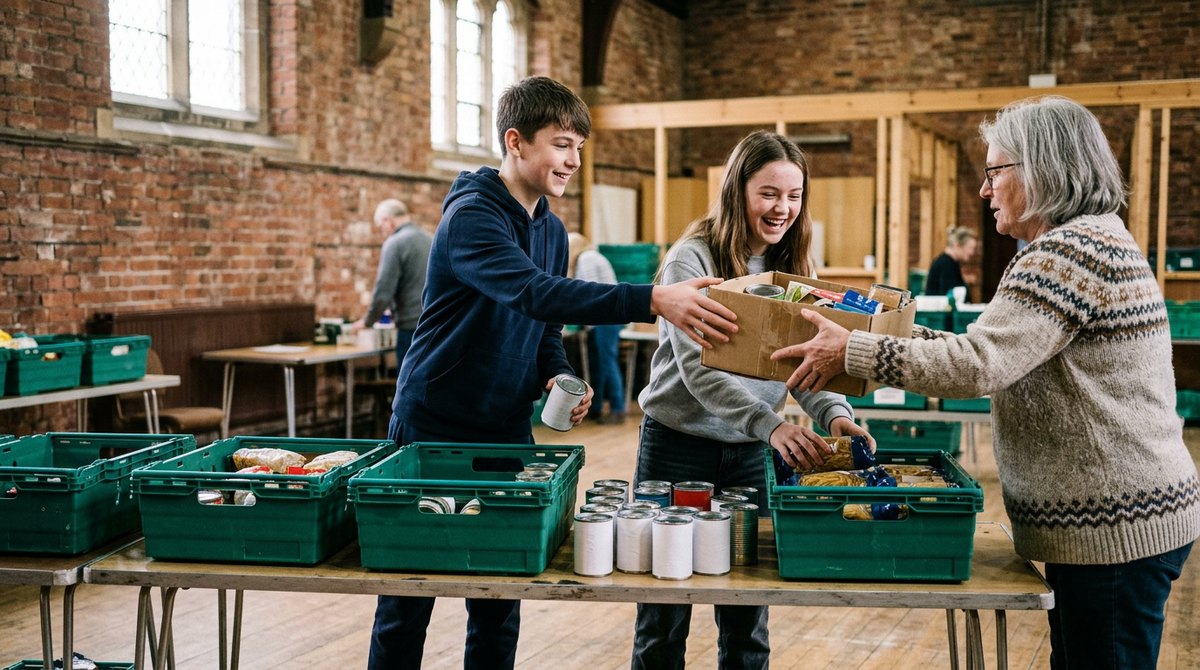 Two teenagers volunteering at a community food bank, an example of prosocial behaviour in Cambridge IGCSE Psychology