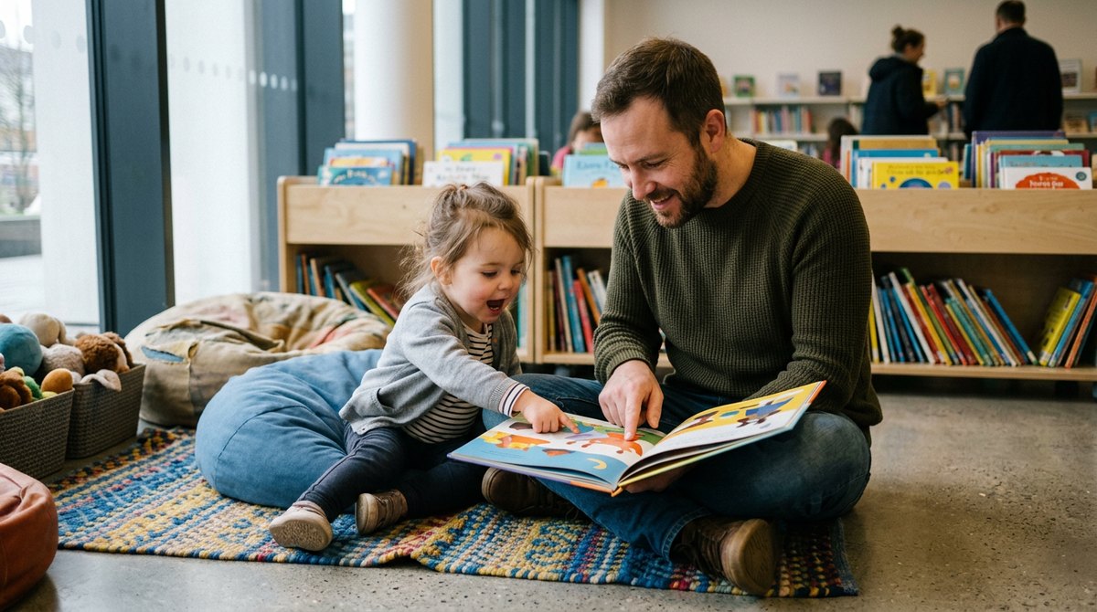 A dad reading a picture book with his toddler daughter in a library children's corner, showing early language development