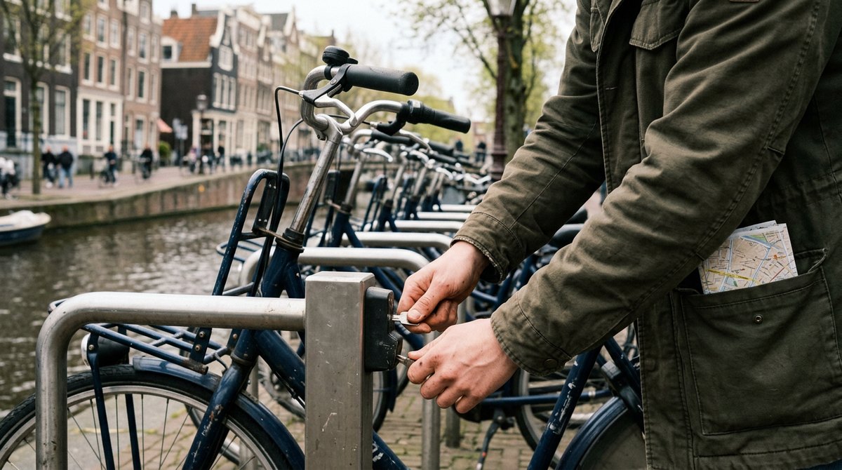 Tourist unlocking a hire bike beside a canal in Amsterdam, an ancillary service in IGCSE Travel and Tourism