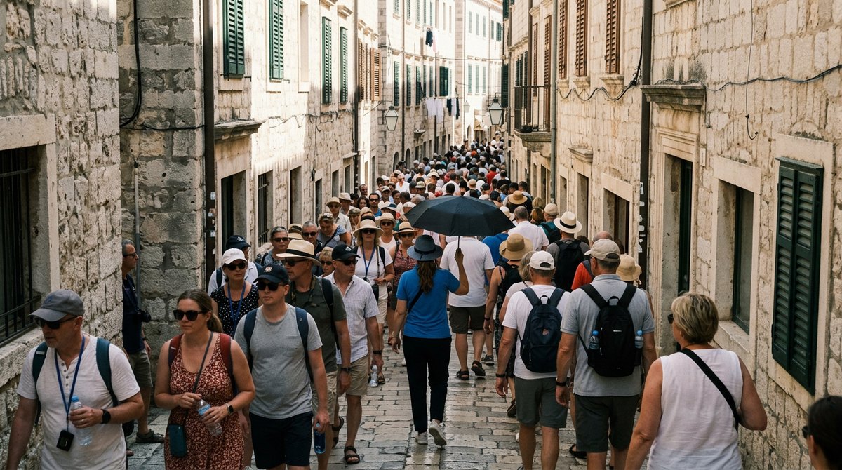 Crowds of summer tourists in a narrow old town street in Dubrovnik, an example of overtourism