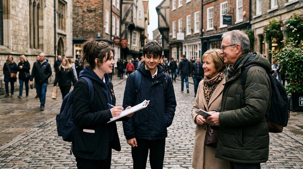 Two students asking tourists questions for a visitor questionnaire in York city centre