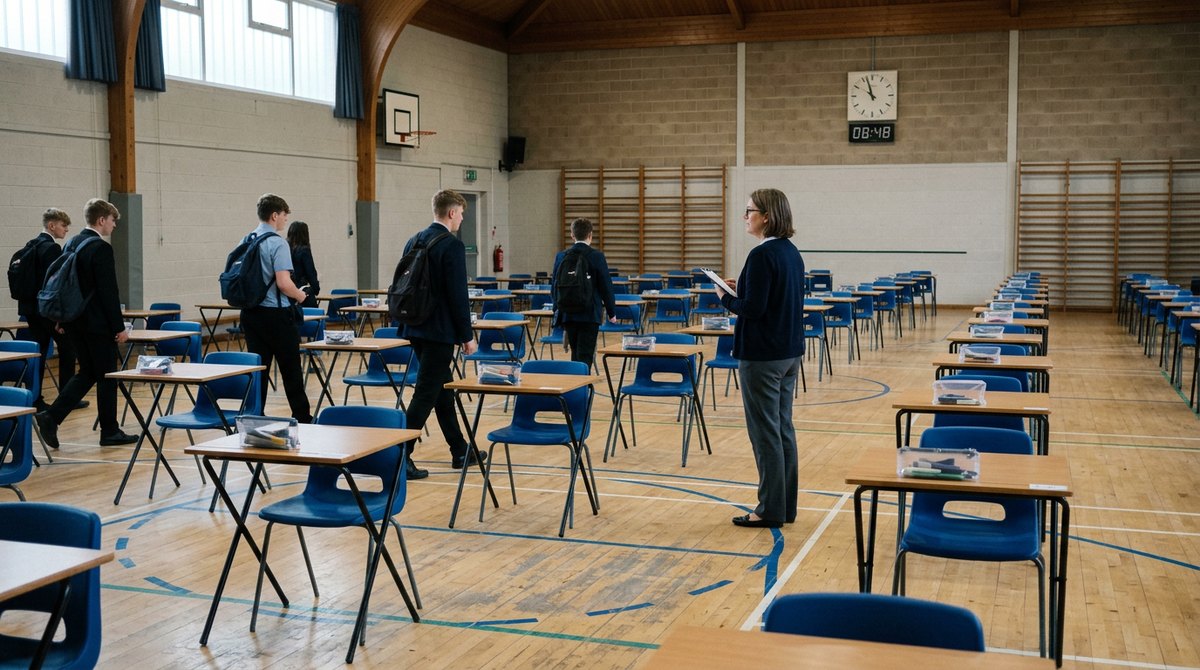 A school sports hall set out with rows of exam desks as students arrive for a GCSE exam