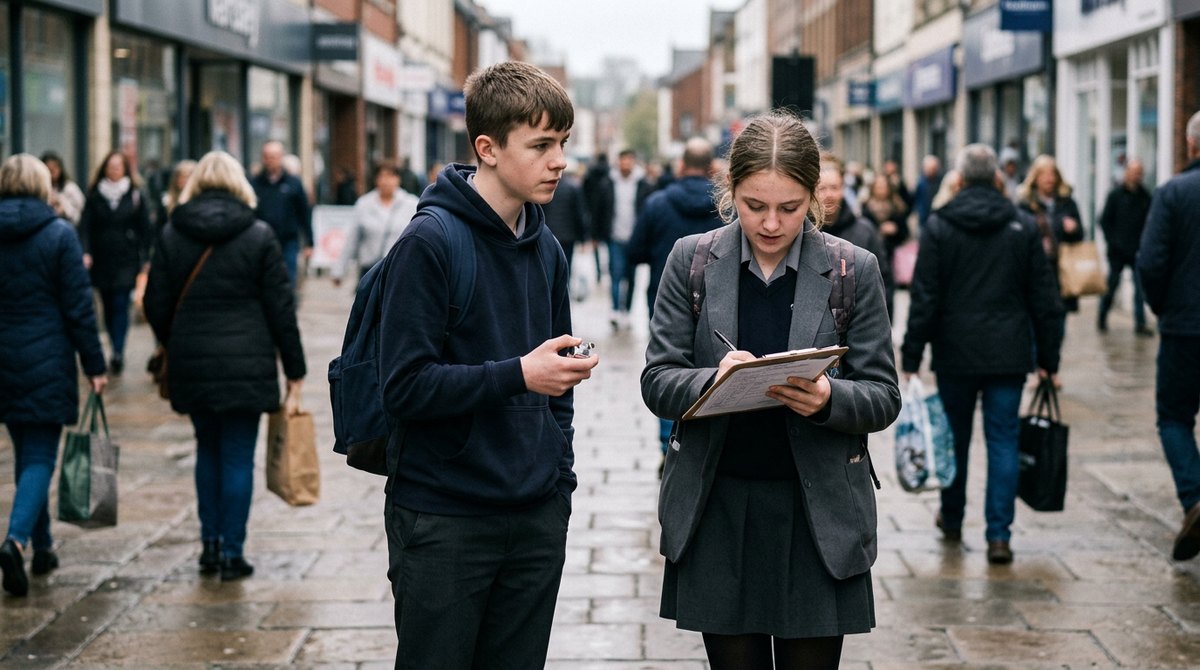 Two GCSE geography students counting shoppers on a high street with a tally counter and a clipboard