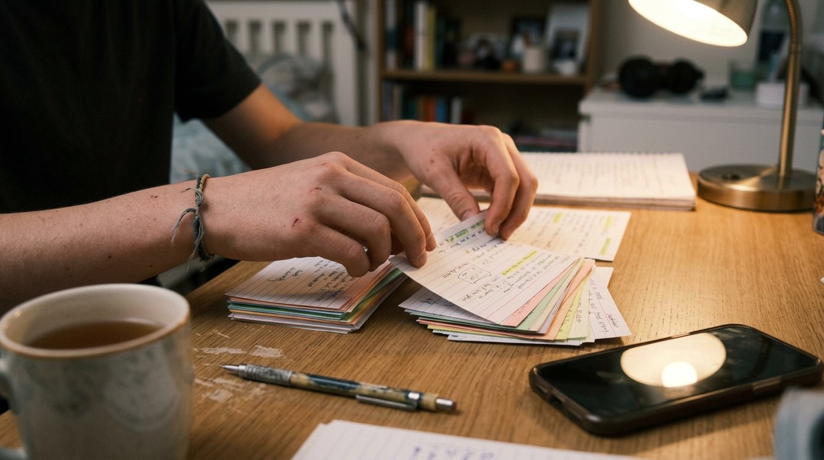A student sorting revision flash cards into two piles at a desk in the evening
