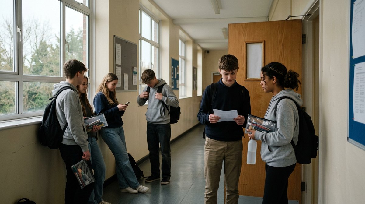 IGCSE students waiting with clear pencil cases in a corridor outside an exam room