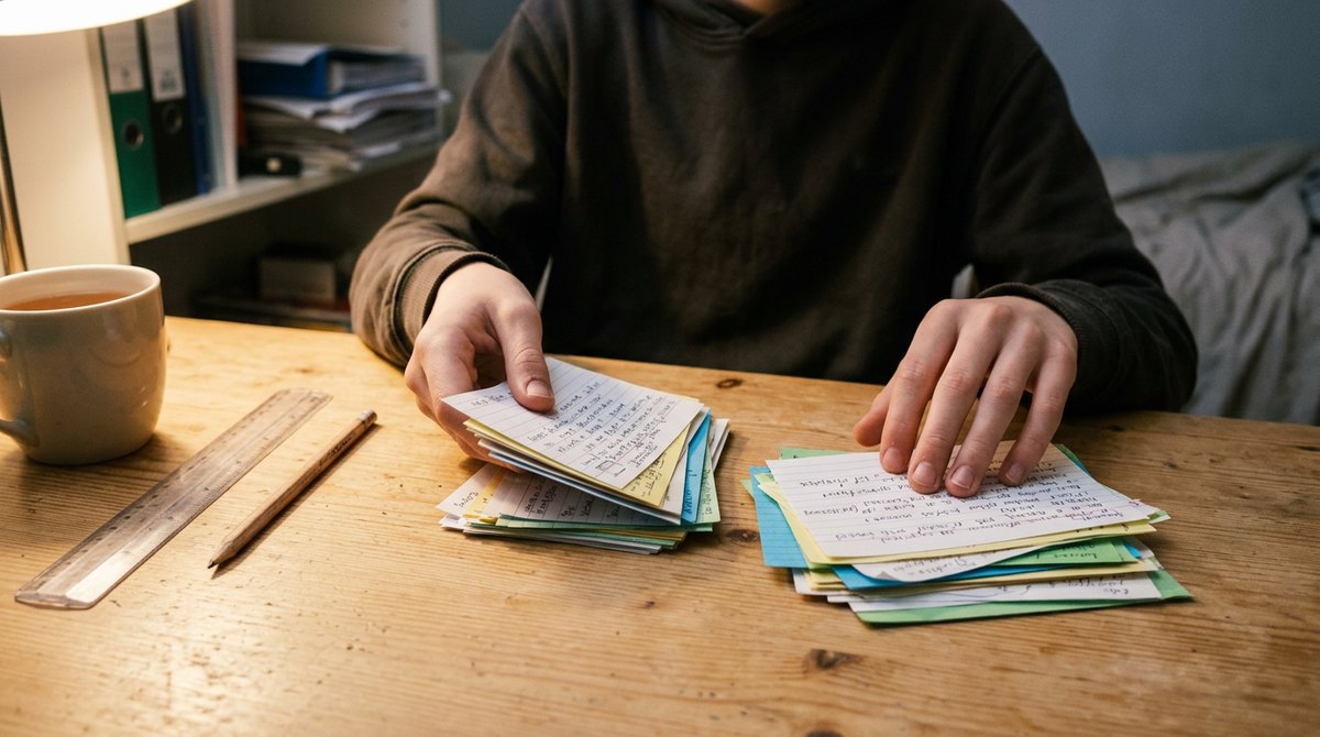 A student sorting handwritten IGCSE revision flash cards into two piles on a wooden desk