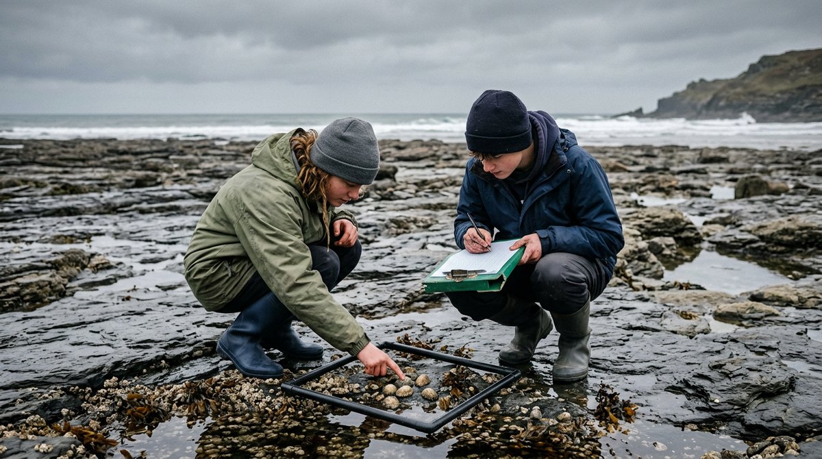 Two IGCSE marine science students counting limpets in a quadrat on a rocky shore at low tide
