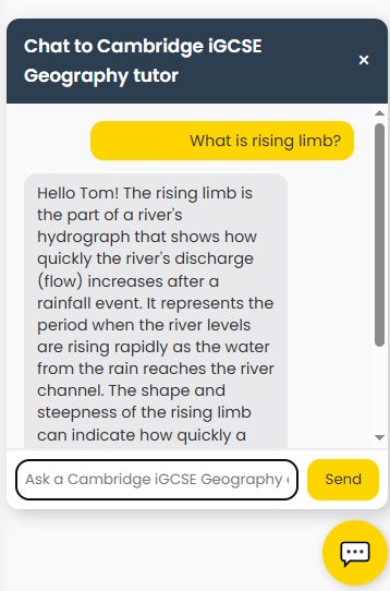 AI Chat interface showing conversation about rising limb with Cambridge Geography tutor