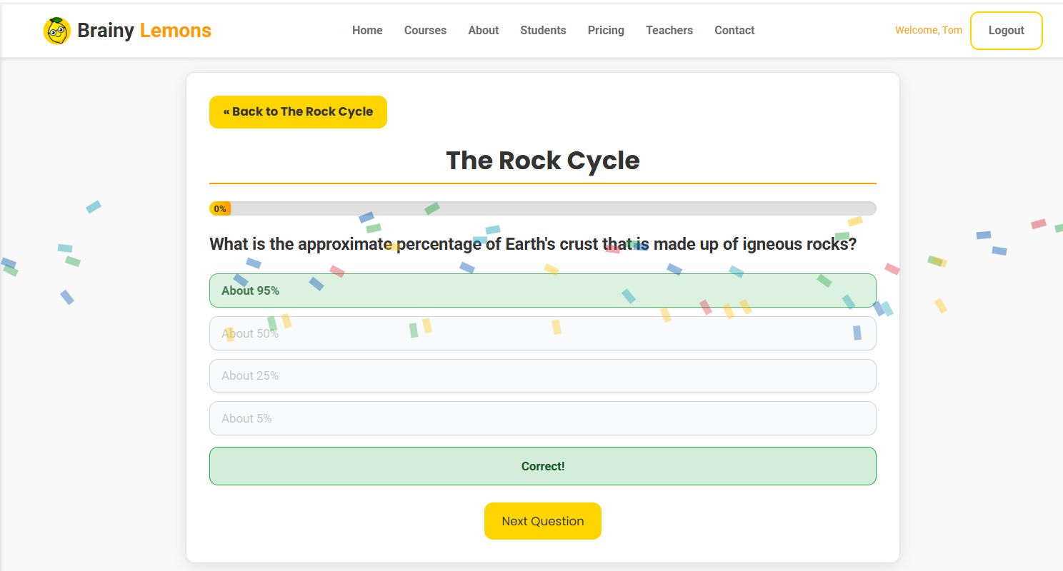 BrainyLemons Quiz Interface showing rock cycle question with multiple choice answers