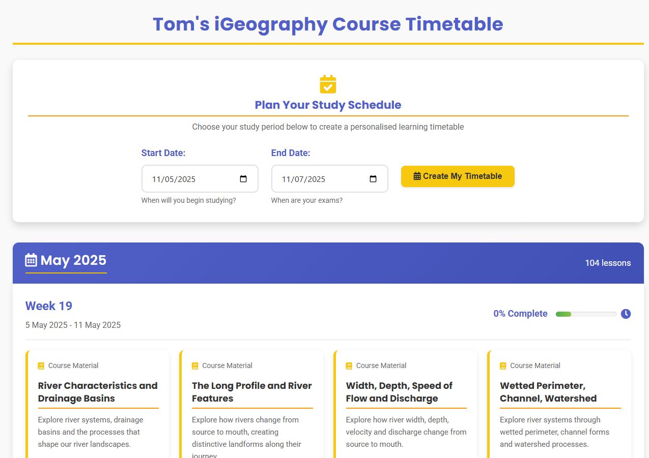 Tom's iGeography Course Timetable showing personalized study schedule with lesson planning