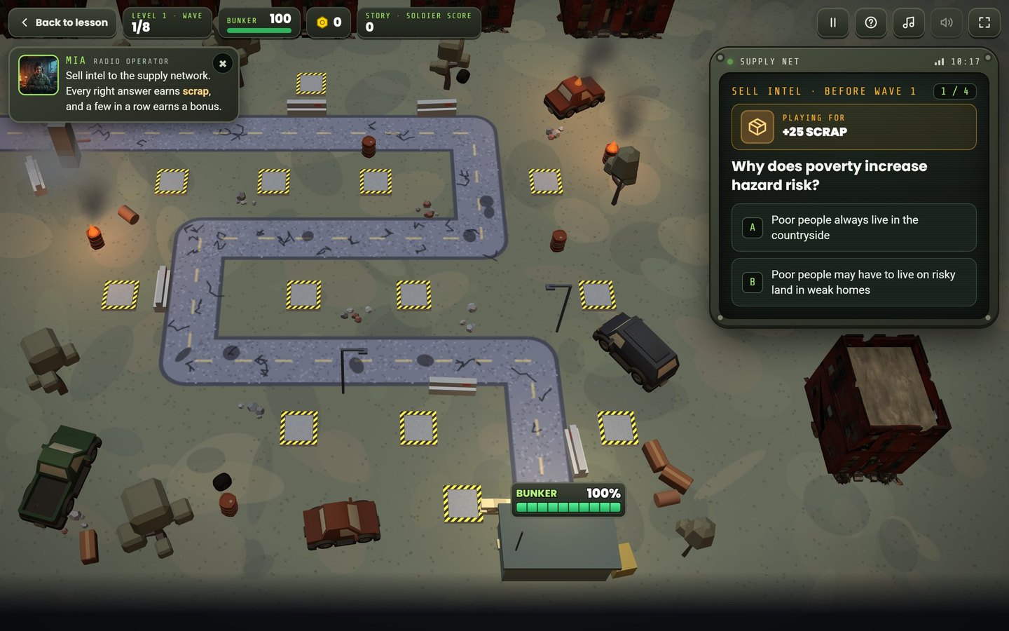 Last Stand zombie defence AQA GCSE Geography revision game: Right answers earn the scrap you build with