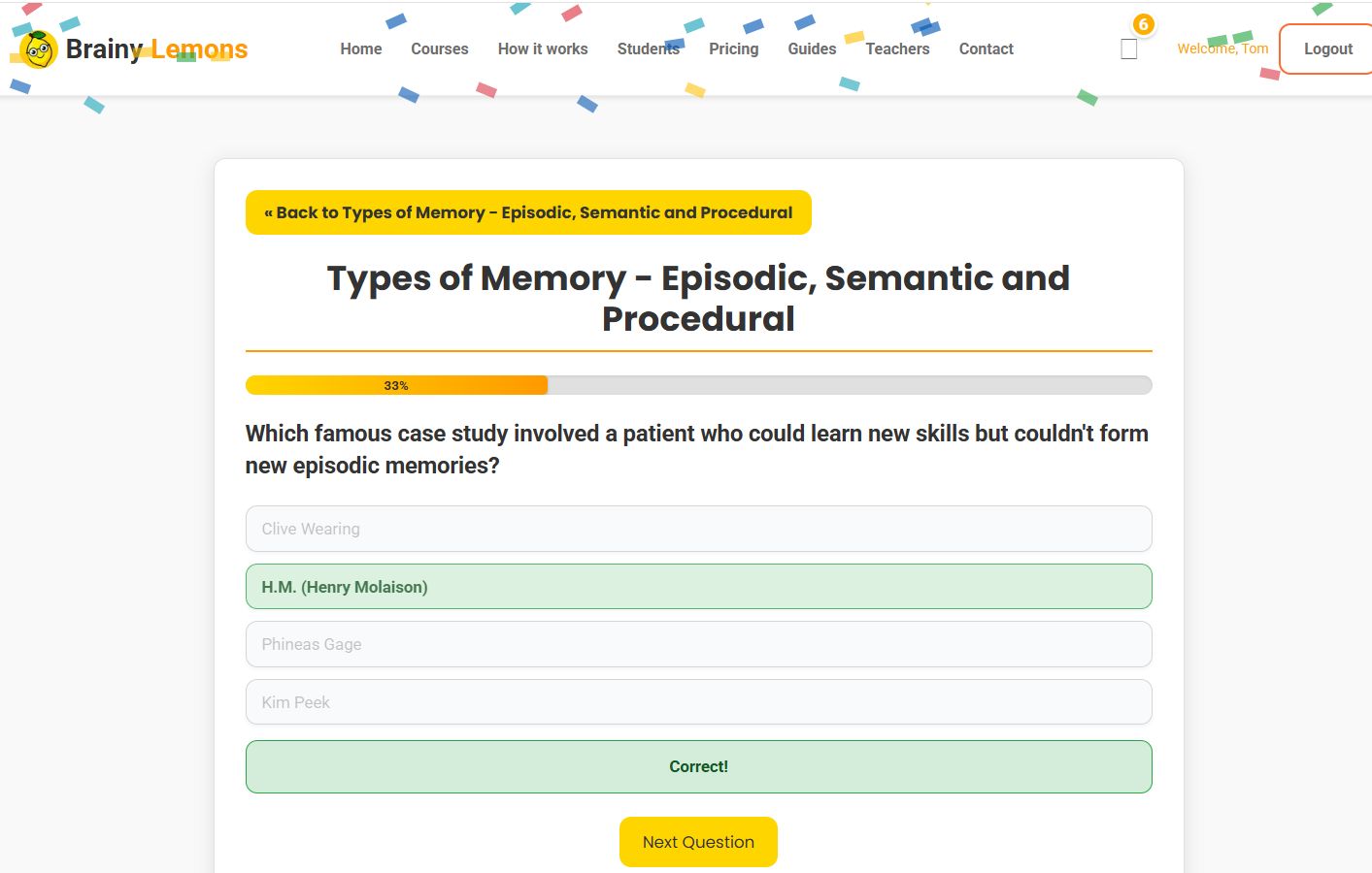BrainyLemons Quiz Interface showing rock cycle question with multiple choice answers
