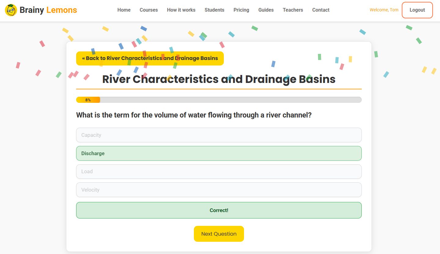 BrainyLemons Quiz Interface showing rock cycle question with multiple choice answers