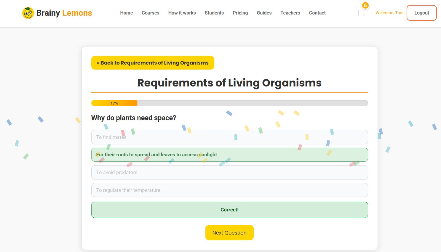 BrainyLemons Quiz Interface showing rock cycle question with multiple choice answers