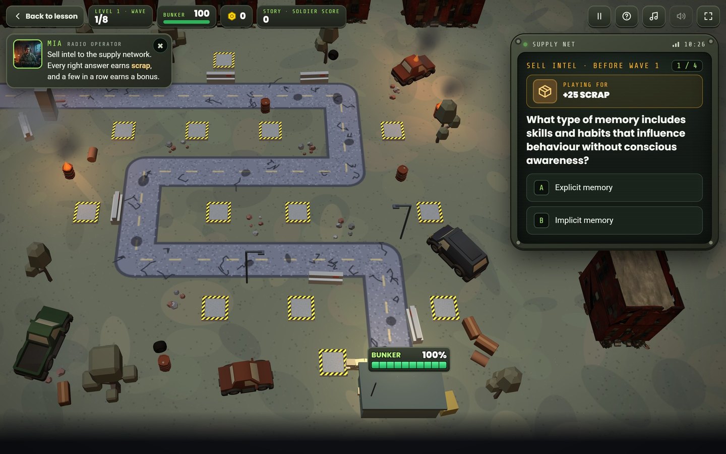 Last Stand zombie defence Cambridge IGCSE Psychology revision game: Right answers earn the scrap you build with