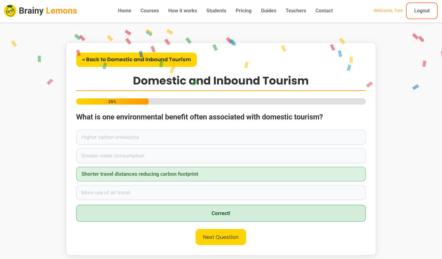 BrainyLemons Quiz Interface showing rock cycle question with multiple choice answers