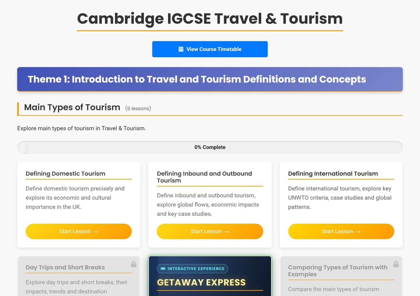 Brainy Lemons course menu for the Cambridge IGCSE Travel and Tourism syllabus