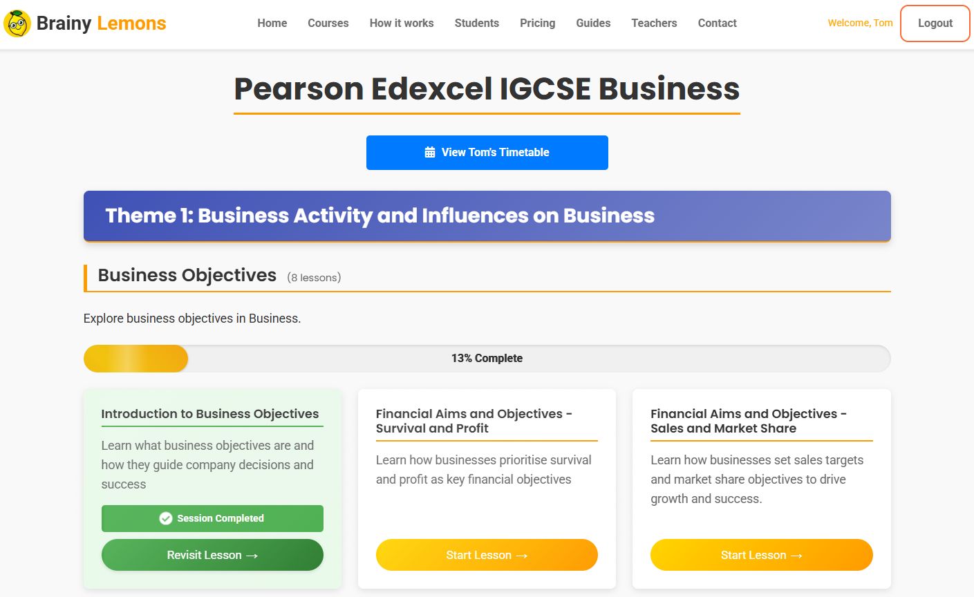 Tom's Student Dashboard showing 81.3% average score, 15 lessons completed, and quiz performance trend