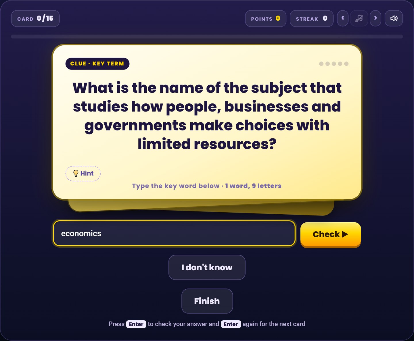 Pearson Edexcel IGCSE Economics flash cards: Read the clue and type the key word