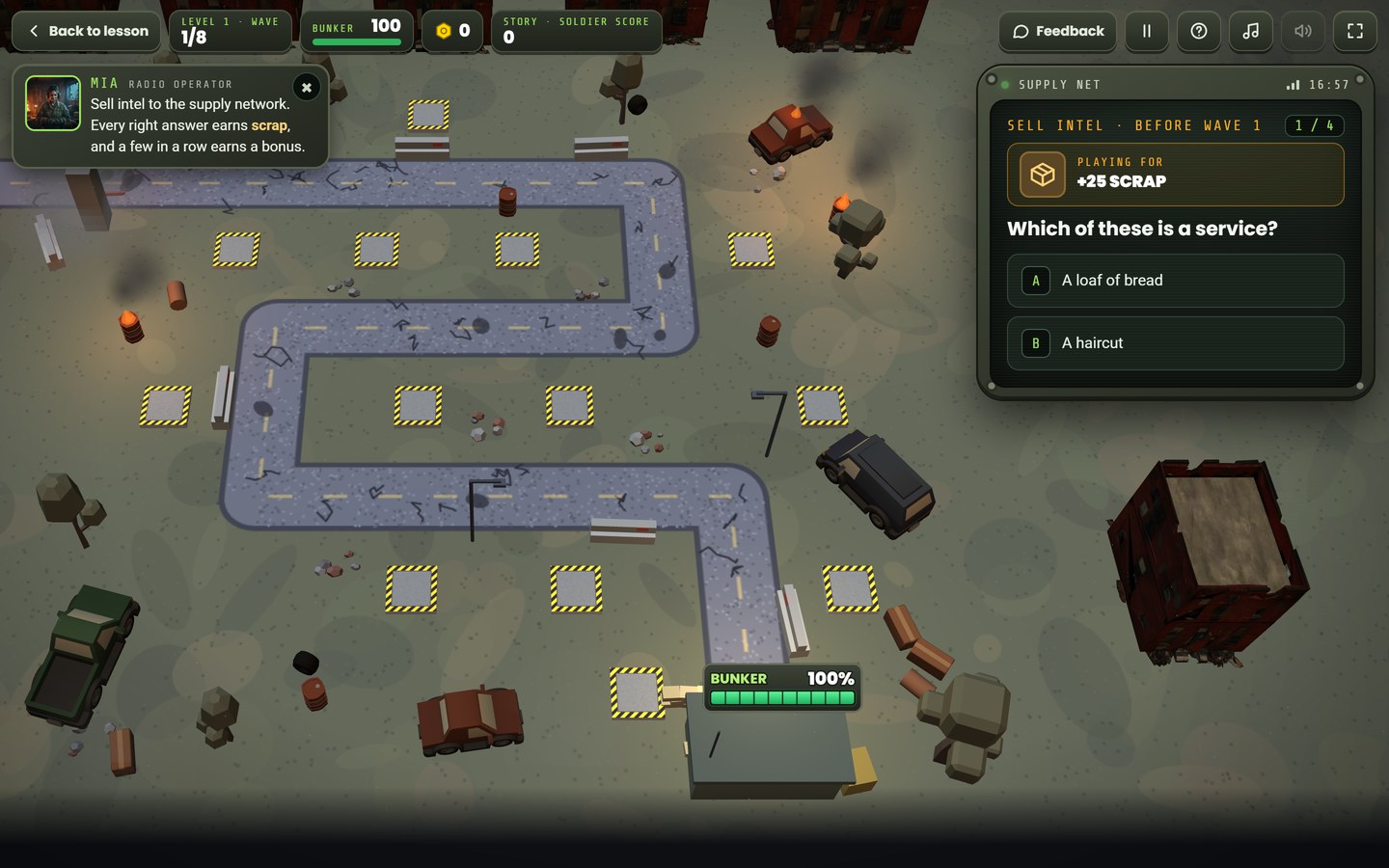 Last Stand zombie defence Pearson Edexcel IGCSE Economics revision game: Right answers earn the scrap you build with